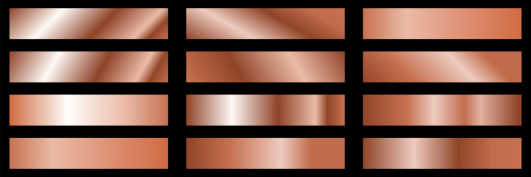 Copper gradients collection. Luxury set of pale copper gradient swatches. Metallic textures with polished foil shine and satin smooth. Premium design palette