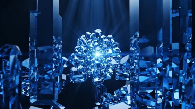 Futuristic blue crystal formation, glowing geometric shapes, abstract technology background, sci-fi digital landscape