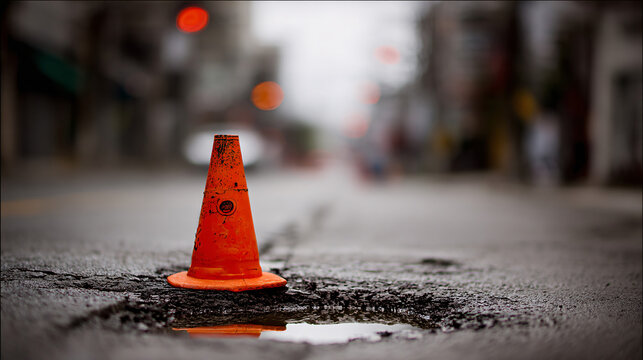 traffic cone warning about a pothole filled with water on a damaged asphalt road during ongoing repair work
