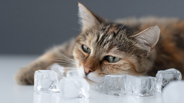 Close-up of a domestic shorthair cat with tabby markings, resting head on a bed of clear ice cubes, cool and comfortable in studio setting
