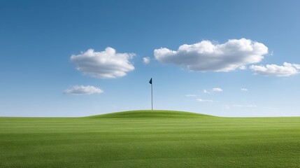 Fototapeta premium Scenic Golf Course Landscape with Lush Green Grass, Blue Sky, and White Clouds Overlooking a Single Flag on a Hilltop
