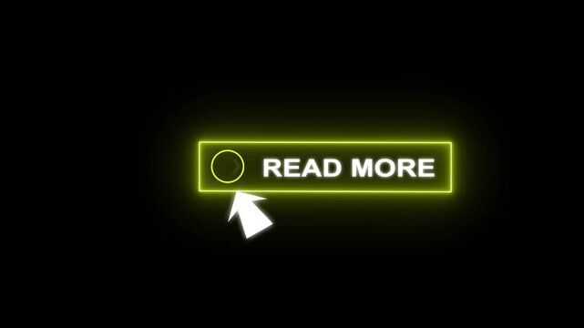 Glowing neon blue color white text cursor animation pointing towards read more button in looping with transparent background.
