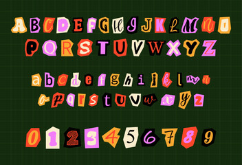 Creative collage letters and numerals on dark background. Colorful cutout alphabet and numbers set. Typography set for posters, creative projects, kids design and collage. © miss LEMON