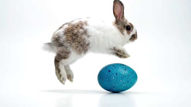Easter bunny, jumping rabbit, blue egg, springtime fun, colorful