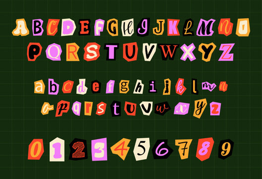 Creative collage letters and numerals on dark background. Colorful cutout alphabet and numbers set. Typography set for posters, creative projects, kids design and collage.