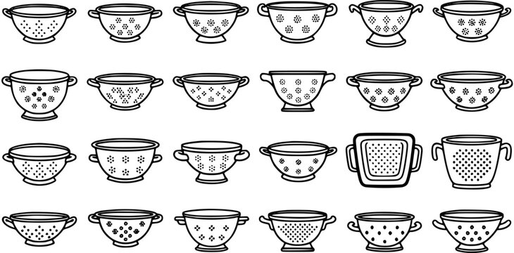 Cooking and Kitchenware Black and White Line Art Icons Set of Various Colanders and Strainers Vector Collection for Food Preparation.