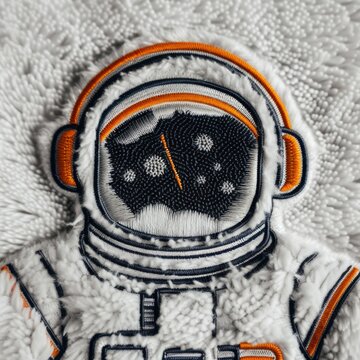 Embroidered astronaut patch on plush white fabric. Helmet shows stars, planets, and a streaking comet. Orange trim contrasts with textured black and white stitching
