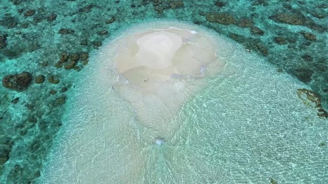 Aerial view of a small white sandbank surrounded by crystal clear turquoise water and vibrant coral reefs in Thoddoo, Alif Alif Atoll, Maldives.