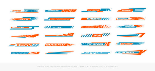 Fototapeta na wymiar Sport Car Racing livery decals set of abstract sport stripes, sport stickers, dynamic typography elements. Racing stripes decal for branding vehicle - editable vector templates