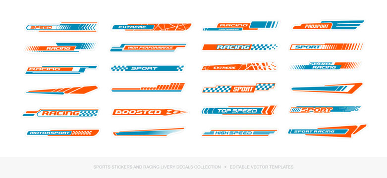 Sport Car Racing livery decals set of abstract sport stripes, sport stickers, dynamic typography elements. Racing stripes decal for branding vehicle - editable vector templates