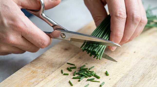 Chef hands cutting fresh green chives with kitchen scissors on wooden board.