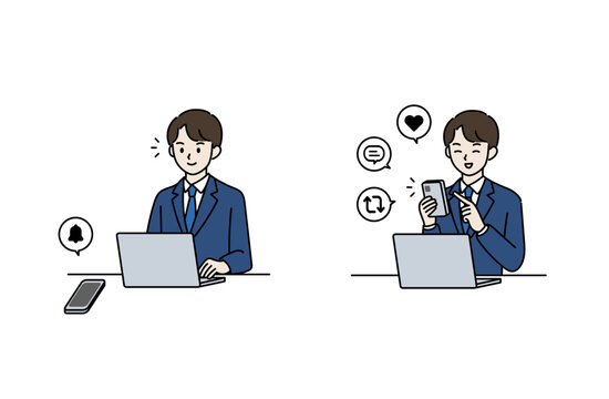 仕事中にSNSをする男性サラリーマンのフラットイラスト