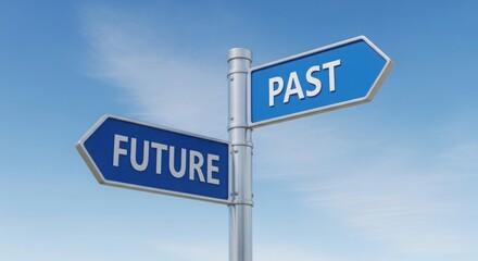 Obraz premium Road sign with arrows pointing to the past and the future against a blue sky