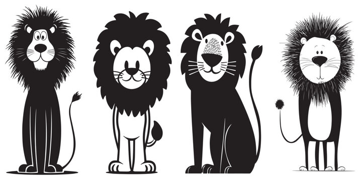 A set of four black and white lion illustrations in different poses and styles on a plain white background, perfect for graphic design use.