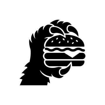 Monster claw holding a double cheeseburger vector logo Beast hand grabbing a burger icon for fast food branding Wild animal talon clutching a hamburger mascot design