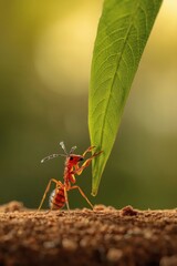 Fototapeta premium A macro close-up of a small ant on a green leaf captures the intricate details of wildlife and nature in a summer garden