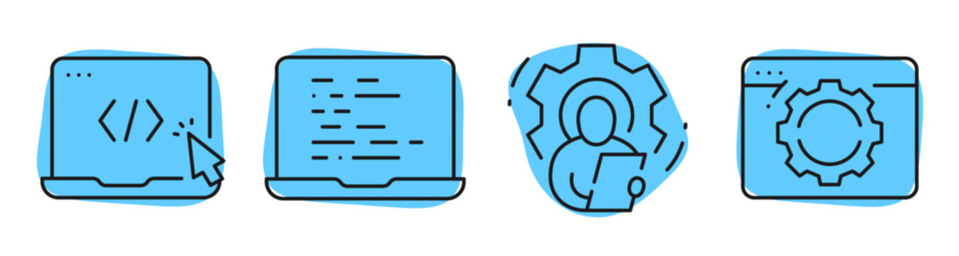 Laptop code developer and settings icons representing software flow. Editable stroke