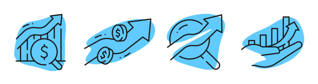 Financial growth icons showing rising revenue and investment arrows. Editable stroke