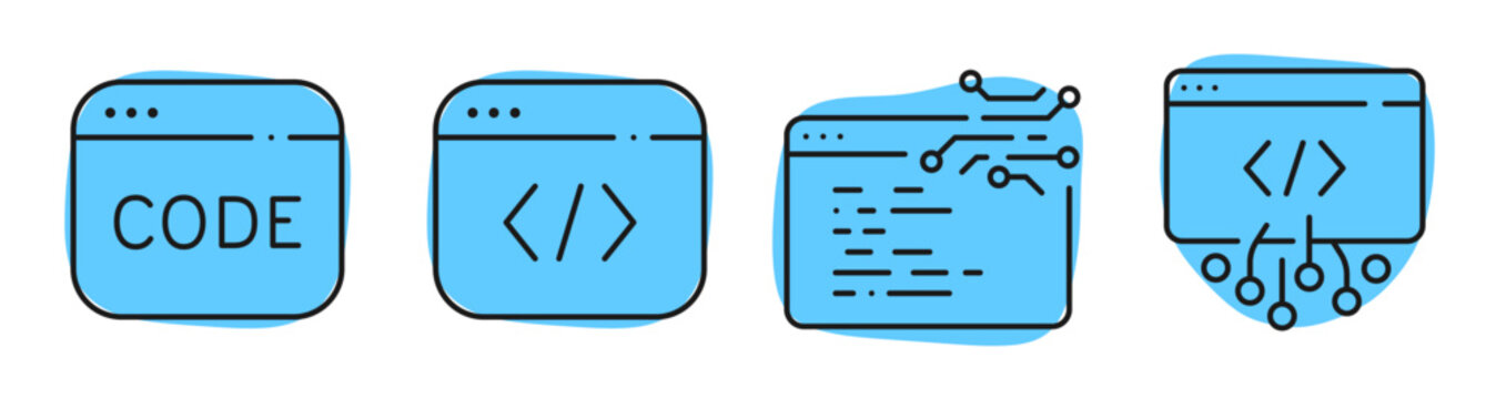 Code symbols showing development process in browser windows. Editable stroke