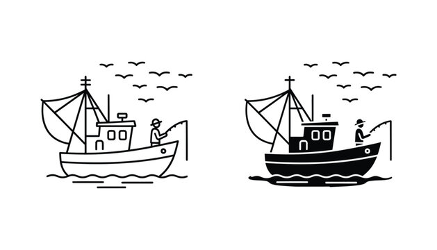 Commercial fishing boat icon set showing trawler vessel with fisherman and seagulls in both outline and solid black silhouette styles for maritime industry design