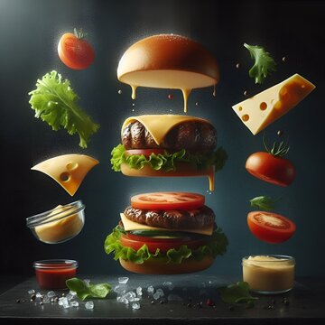 Floating burger ingredients food concept