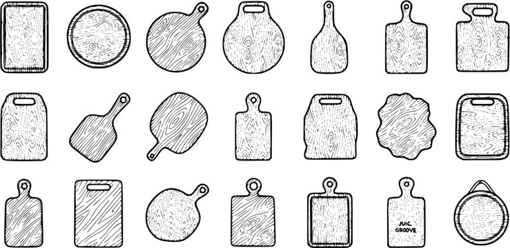 Black and White Line Art Illustration of Various Wooden Cutting Boards
