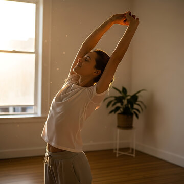 A woman in comfortable clothing stretches her arms overhead, arching her back in a sunlit room, embracing a moment of peaceful self-care and well-being