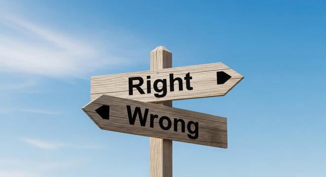 Wooden signpost with right and wrong directions against a blue sky