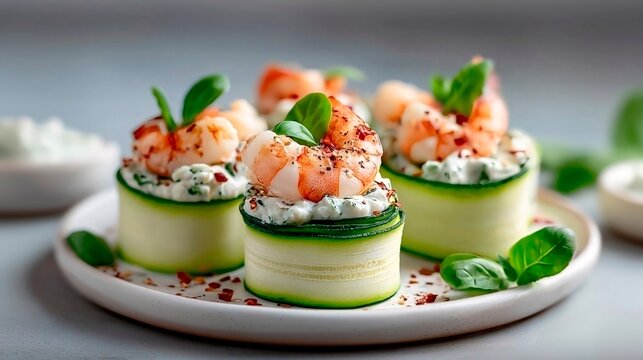 Shrimp appetizer with cream and cucumber slices on a plate