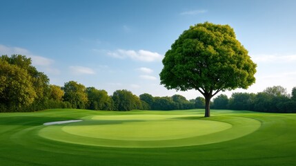 Naklejka premium Lush green golf course landscape with a solitary tree under a clear blue sky, perfect setting for outdoor sports and recreational activities