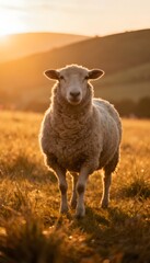 Naklejka premium Sheep in Golden Sunset Field – Peaceful Countryside Landscape, Rural Farming Scene, and Natural Pastoral Photography