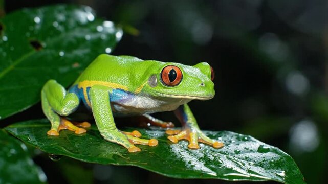 Red-eyed frogs emerge from the gaps in the leaves, Red-eyed tree frog closeup on leaves, Red-eyed tree frog (Agalychnis callidryas) looks over leaf edge