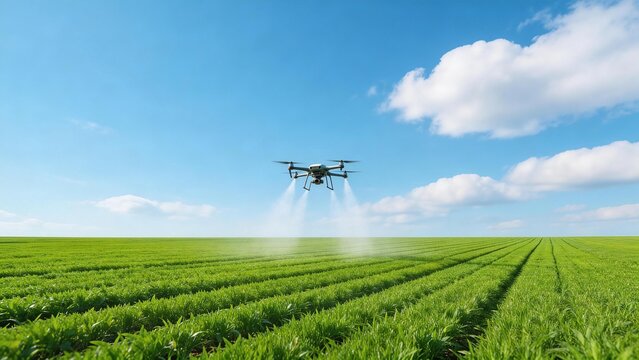 Drone spraying crops in a green field