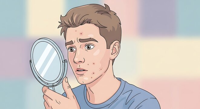 Young Man with Pimples Looking in Mirror