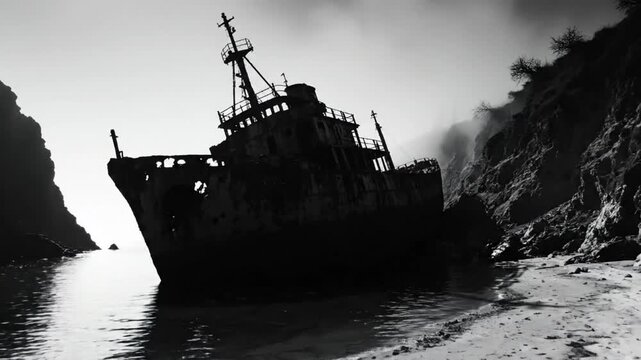 Black and white view of a sunken, rusty ship beached on a desolate coastline under a cloudy sky.