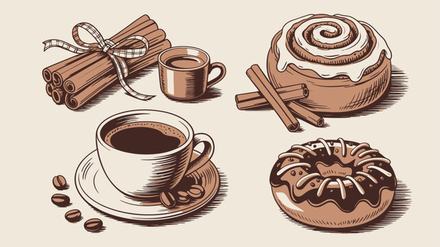 Engraved style delicious coffee, cinnamon roll, chocolate donut, and fragrant spice sticks