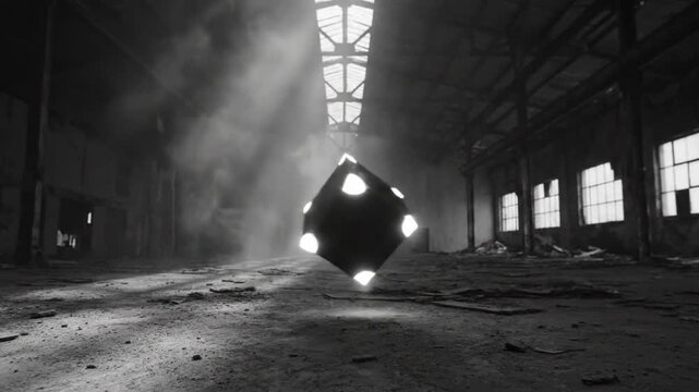 Black geometric object levitates and rotates in abandoned industrial warehouse space with dramatic lighting