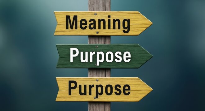 Wooden signpost with signs pointing in the same direction labeled meaning and purpose