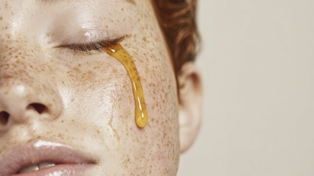 Close-up portrait of person with honey dripping from closed eye on freckled skin