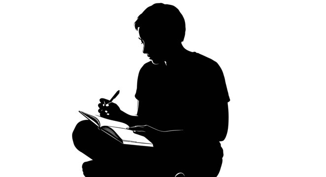 Silhouette of person sitting cross-legged on floor writing notes in an open book with a pen self improvement learning