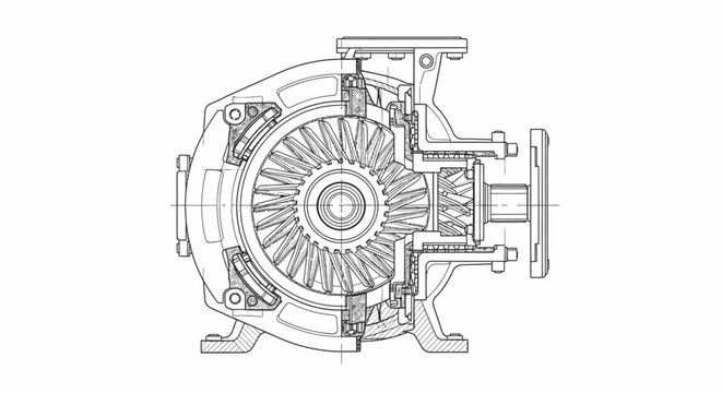 Industrial centrifugal pump engineering drawing in cross section
