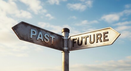 Fototapeta premium Signpost with arrows pointing in opposite directions labeled past and future against a blue sky