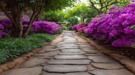Obraz premium Serene Garden Pathway Between Vibrant Bougainvillea Flowers in Bloom Surrounded by Lush Green Foliage Inviting Peaceful Nature Walks