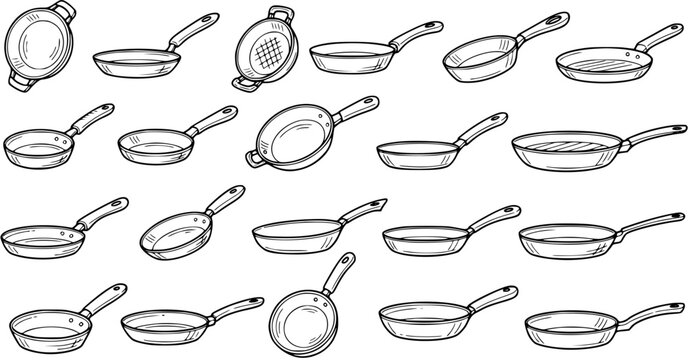 Black and White Line Art Collection of Various Frying Pans and Skillets for Kitchen and Cooking