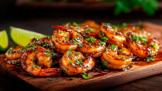 Fried shrimp in a herb-lime sauce on a wooden board
