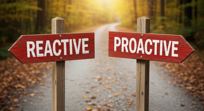 Two wooden signposts pointing in opposite directions with the words reactive and proactive