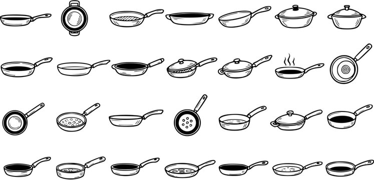 Black and White Line Art Collection of Various Frying Pans and Pots for Cooking
