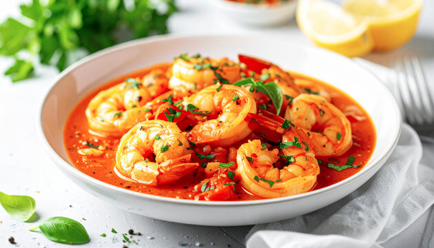 Fra diavolo, tender shrimp stewed in a garlic, spicy tomato sauce, white bowl. AI