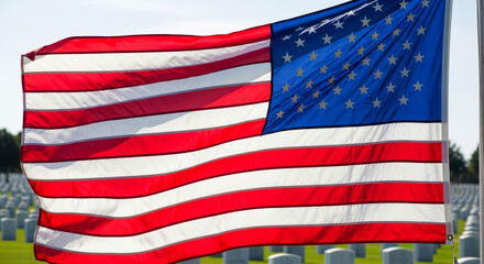 Obraz premium American flag waving majestically in a military cemetery on a sunny day with a serene atmosphere