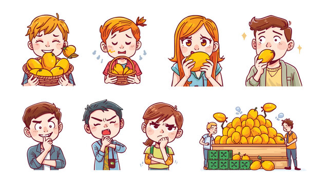Mango Mania: A delightful illustration showcases a variety of people enjoying and reacting to fresh, juicy mangoes. From eager anticipation to pure enjoyment.